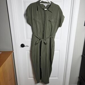 Nine West Jumpsuit Womens PXXL Green Short Sleeve Collared Belted Utility Twill